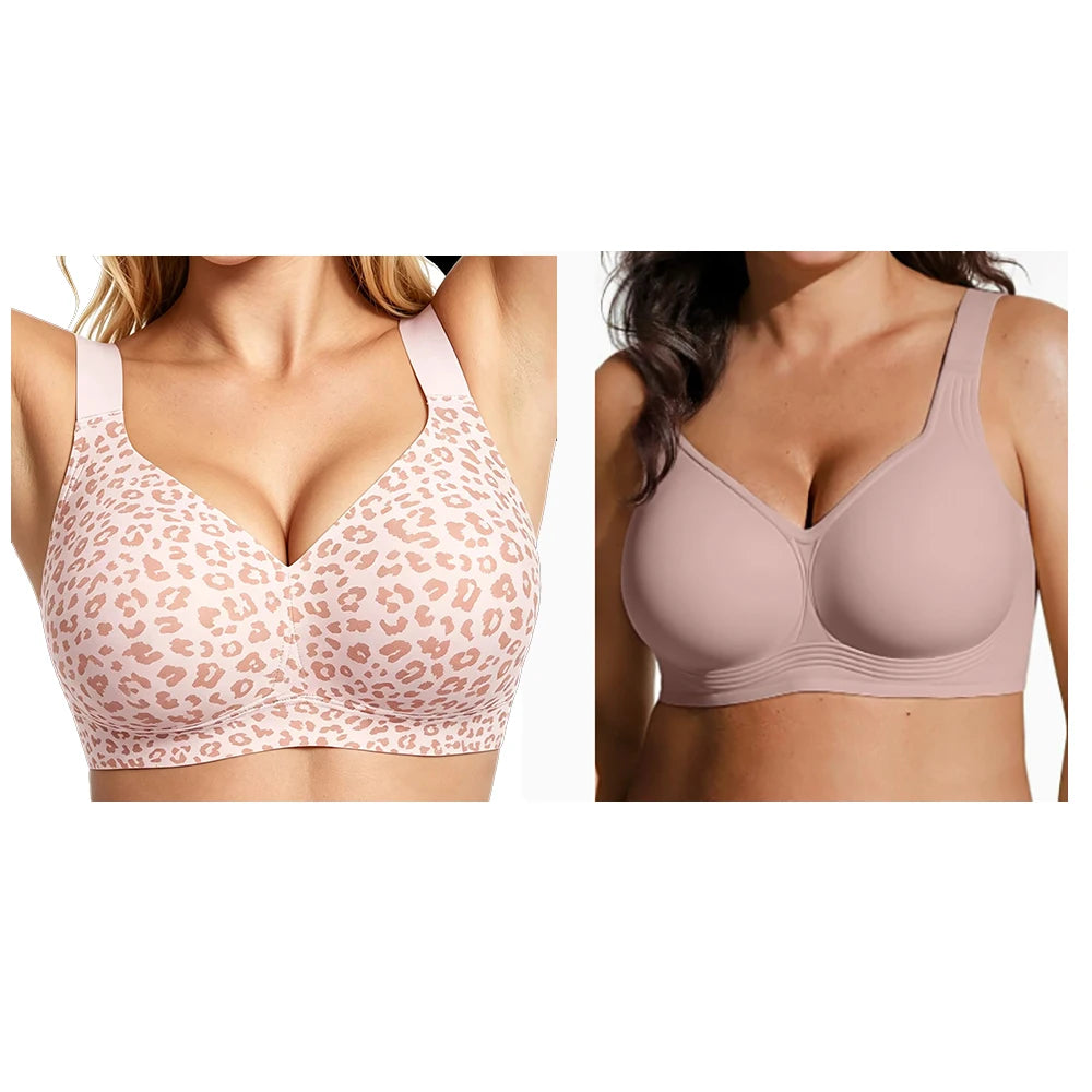 Women's Plus Size Seamless Jelly Soft Support Bra Leopard Print Wire-Free Full Cup Thin Bra Breathable Push Up Bra Large Bust