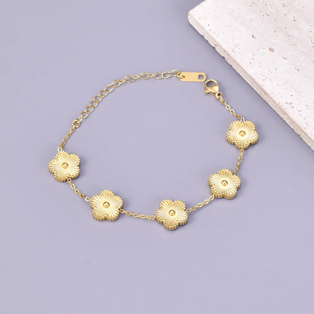 S15 Stainless Steel Five Leaf Flower Luxury Bracelet for Women Gold Color Charm Bracelets Jewellery Clover Fashion Jewelry Gifts
