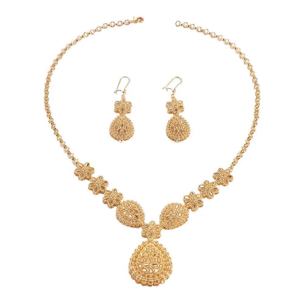 24K Gold Dubai Jewelry Sets Gifts Plated Gold Color Necklace Earring Set Dubai India Style Luxury African Bridal Jewelry Sets