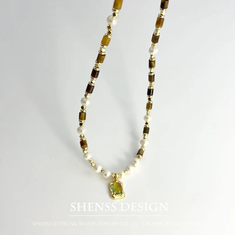 Natural Freshwater Pearl Tiger Eye Stone Necklace Orange Pendant 14k Copper Plated Gold Jewelry