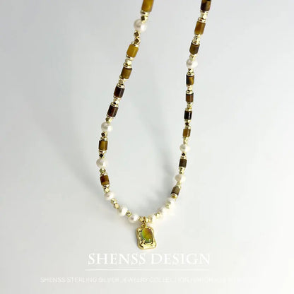 Natural Freshwater Pearl Tiger Eye Stone Necklace Orange Pendant 14k Copper Plated Gold Jewelry