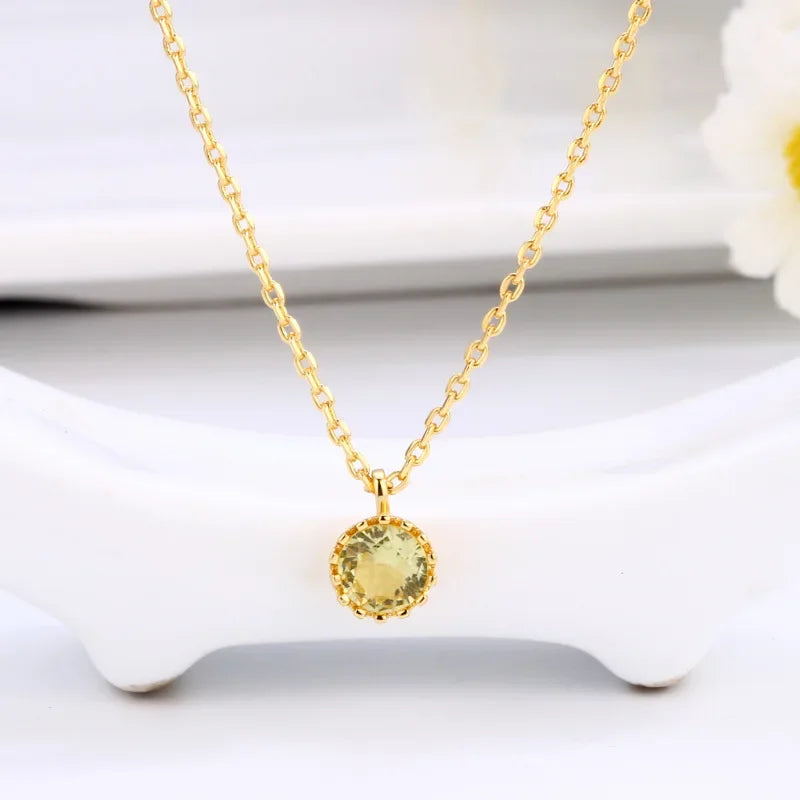 2026 New Gold Plated Crown Bezel Round Citrine Pendant Necklace Single Yellow Gem Dainty  Chain Choker For Women Jewelry