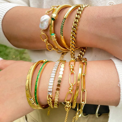 Zalman Romantic Pearl Bangles Set for Women Stainless Steel Gold Jewelry Accessories