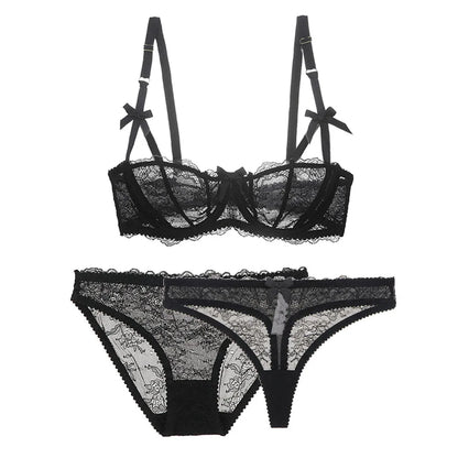 Varsbaby Bowknot half cup bra three-piece bra + briefs + thong sexy cute underwear plus size bra set
