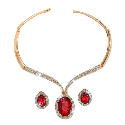 Women's Gold-Plated Red Crystal Jewelry Set - Necklace and Earrings Accessories for Wedding Party Formal Occasions Prom Cocktail Party
