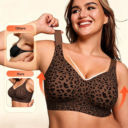 Women's Plus Size Seamless Jelly Soft Support Bra Leopard Print Wire-Free Full Cup Thin Bra Breathable Push Up Bra Large Bust