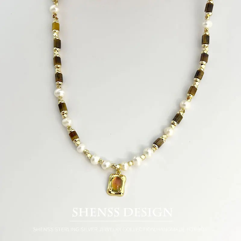 Natural Freshwater Pearl Tiger Eye Stone Necklace Orange Pendant 14k Copper Plated Gold Jewelry