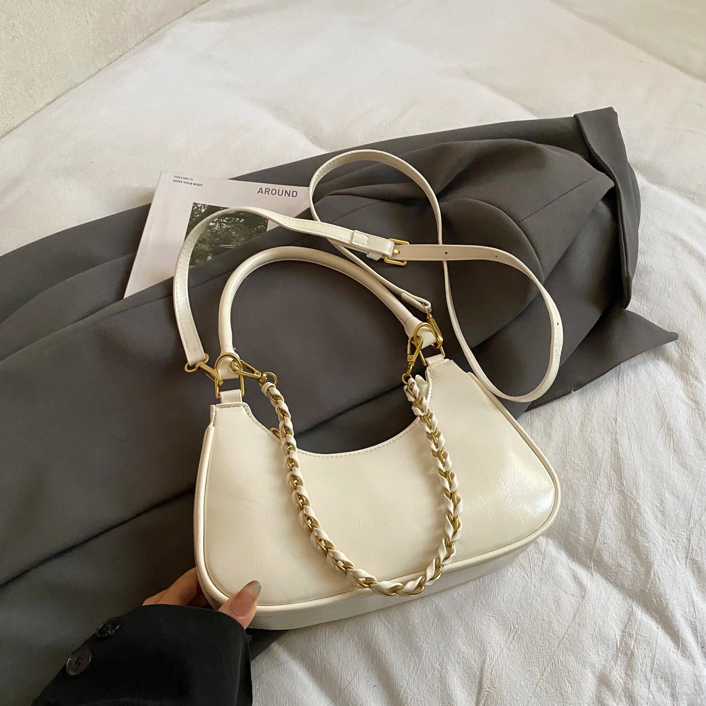 Elegant Ladies Shopping Purse Retro Pu Leather Shoulder Bag French Style Underarm Handbag Chain Clutch Bag Female Crossbody Bag