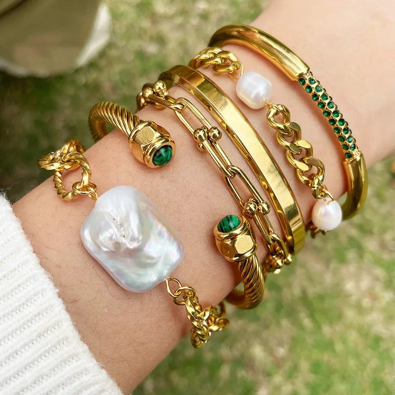 Zalman Romantic Pearl Bangles Set for Women Stainless Steel Gold Jewelry Accessories