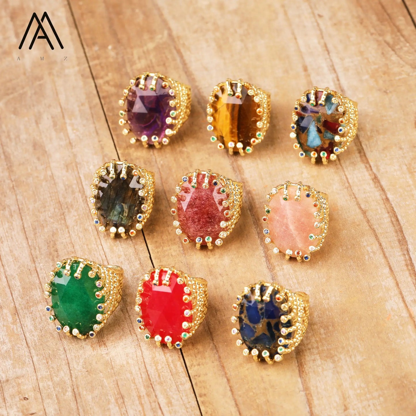 Luxury Vintage Gemstone Ring 18K Gold-Plated Women's Ring Natural Crystal Labradorite Rings Daily Wear Jewelry Gift Jewels