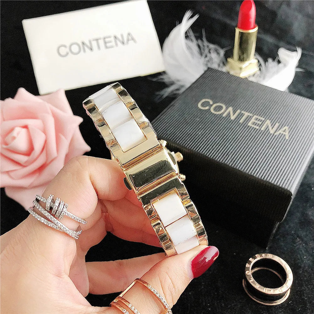CONTENA Brand Women's Watch Top Luxury Crystal Rose Gold Watches for Women Quartz Wristwatch Bracelet Fashion Clock Montre Femme