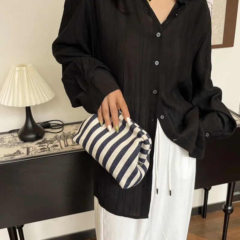 Summer Woven Crochet Purses for Women Beach Clutch Handbags 2025 Dumpling Hobo Casual Colorblock Bag Ladies Ruched Cloud Purse