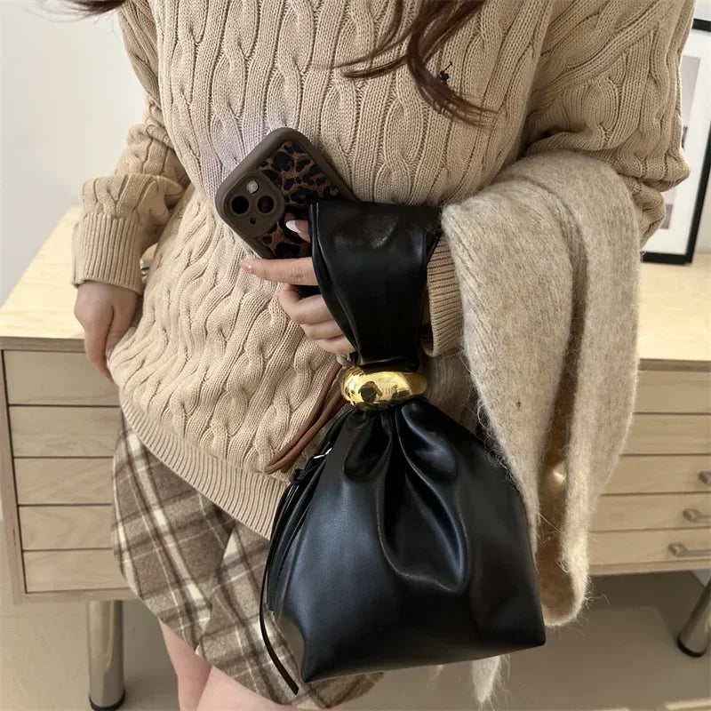 Fashion Pu Leather Women Handbags Vintage Pleated Design Ladies Small Tote Bag Elegant Evening Bags Female Bucket Dinner Purse