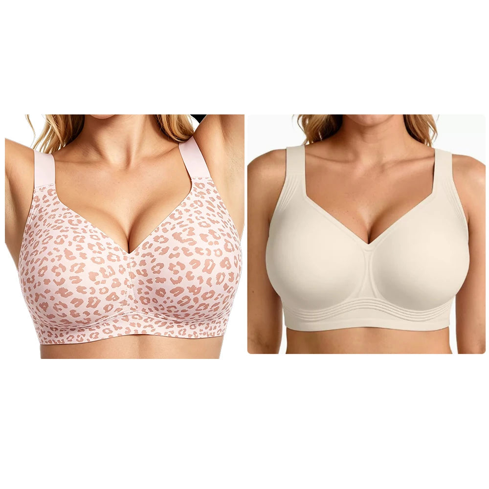 Women's Plus Size Seamless Jelly Soft Support Bra Leopard Print Wire-Free Full Cup Thin Bra Breathable Push Up Bra Large Bust