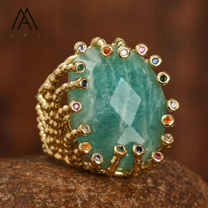 Luxury Vintage Gemstone Ring 18K Gold-Plated Women's Ring Natural Crystal Labradorite Rings Daily Wear Jewelry Gift Jewels