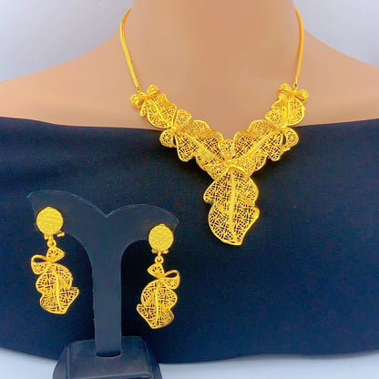 Indian 24K Gold Plated Jewelry Set For Women Nigeria Dubai African Bridal Necklace Earrings Wedding Party Gift Jewellery