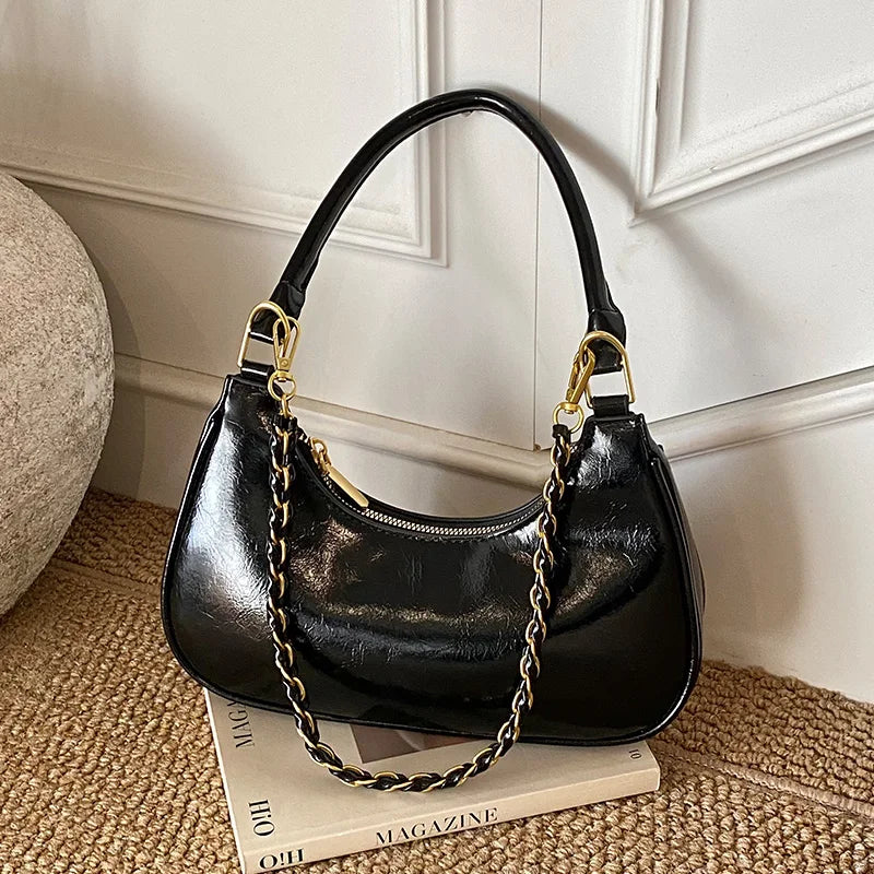 Elegant Ladies Shopping Purse Retro Pu Leather Shoulder Bag French Style Underarm Handbag Chain Clutch Bag Female Crossbody Bag