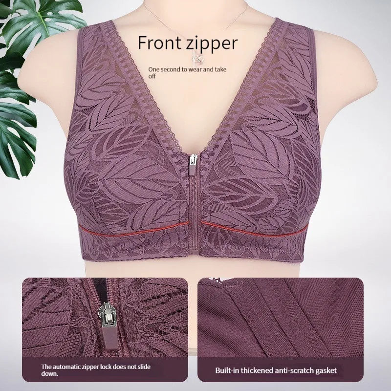 Front zipper Soft cotton cups Bra breathable women wireless underwear  lace strap tank leaves top plus size bra