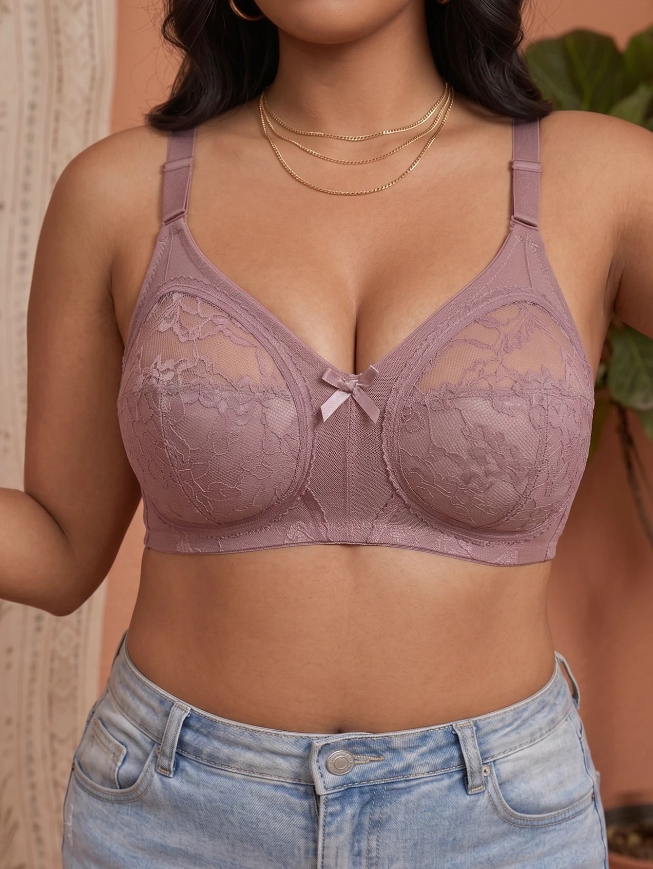 Women Plus Size Full Coverage Bra Floral Lace Sheer Anti Sagging Large Bust Comfortable Wireless Unlined Brassiere