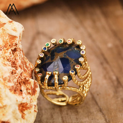 Luxury Vintage Gemstone Ring 18K Gold-Plated Women's Ring Natural Crystal Labradorite Rings Daily Wear Jewelry Gift Jewels