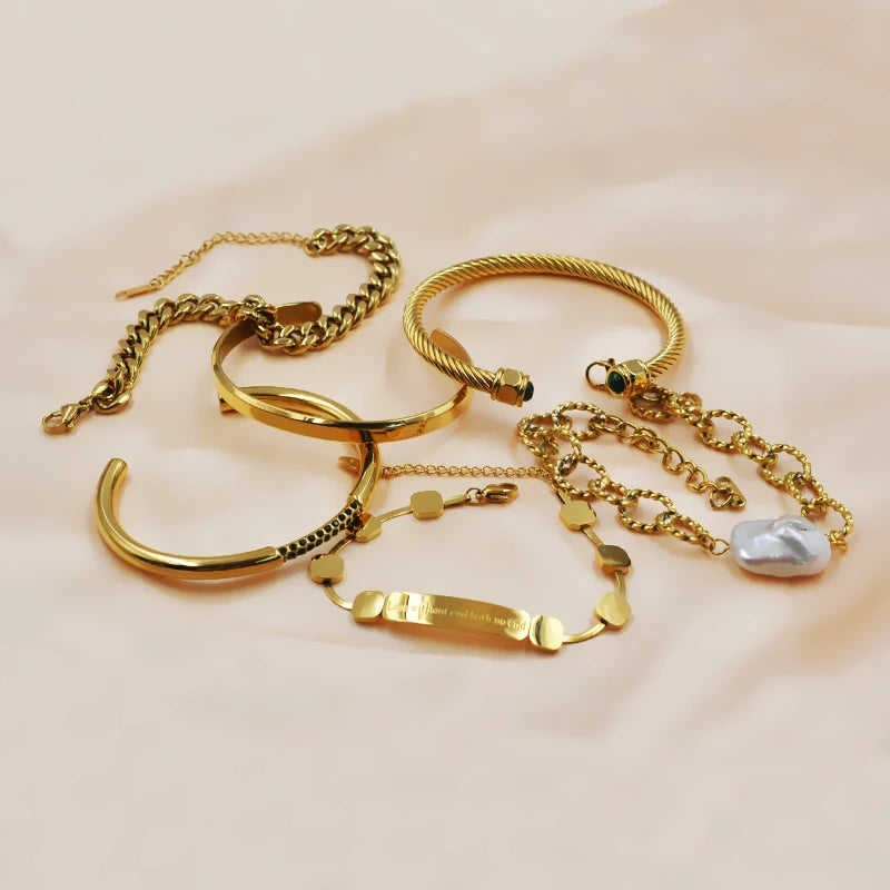 Zalman Romantic Pearl Bangles Set for Women Stainless Steel Gold Jewelry Accessories
