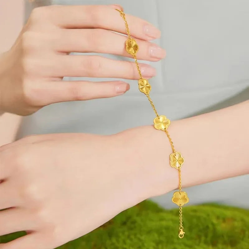 Real Gold 18 K Color Flower Shape Pendant Bracelet Necklace for Women Engagement Birthday Valentine's Day Jewelry Set Gifts