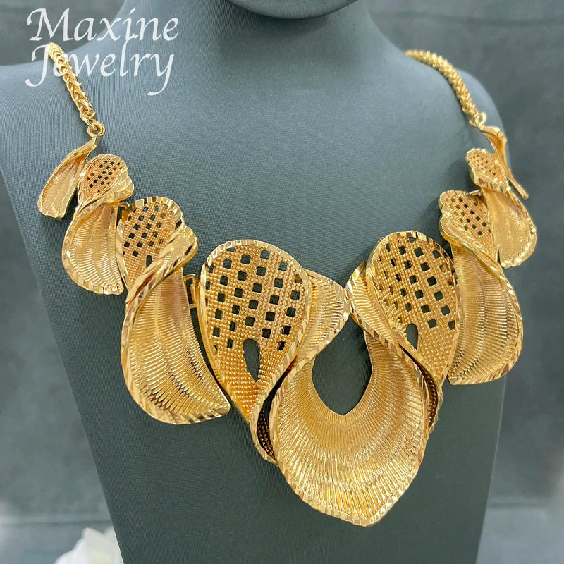 18K Gold Plated Jewelry Set for Women Fashion Necklace Earrings Eardrop Dubai Trendy Female Luxury Retro Wedding Party Gifts