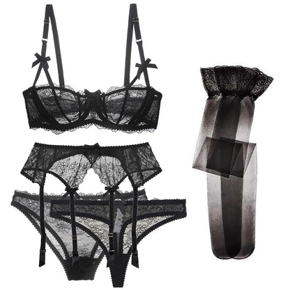 Varsbaby sexy lace 5 pcs bras+garters+panties+thongs+stockings underwear black/pink /white plus size bra set