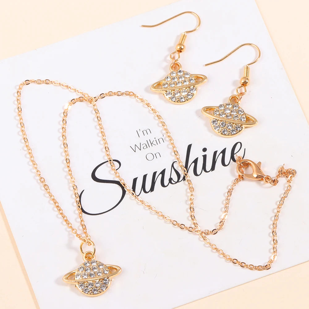 Gold/Silver Color Jewelry Set Luxury Shining Zircon Bear Crown Planet Earrings Necklace Sets For Party Anniversary Exquisite Gif