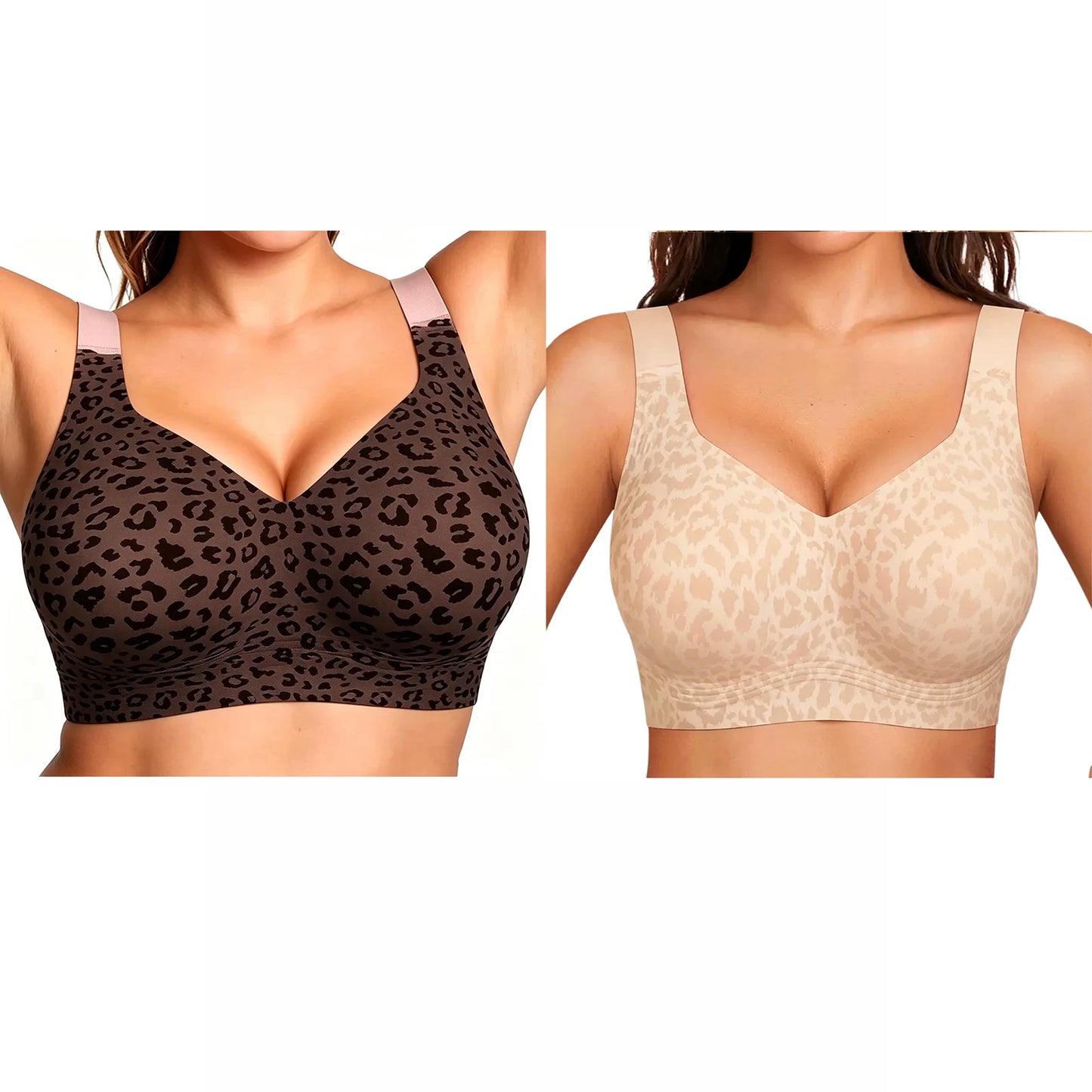 Women's Plus Size Seamless Jelly Soft Support Bra Leopard Print Wire-Free Full Cup Thin Bra Breathable Push Up Bra Large Bust