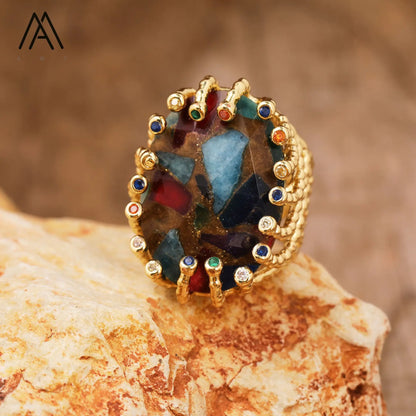 Luxury Vintage Gemstone Ring 18K Gold-Plated Women's Ring Natural Crystal Labradorite Rings Daily Wear Jewelry Gift Jewels