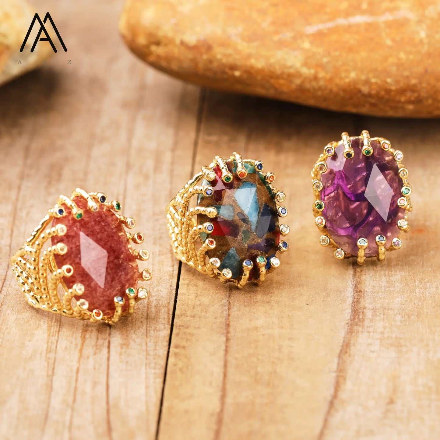 Luxury Vintage Gemstone Ring 18K Gold-Plated Women's Ring Natural Crystal Labradorite Rings Daily Wear Jewelry Gift Jewels