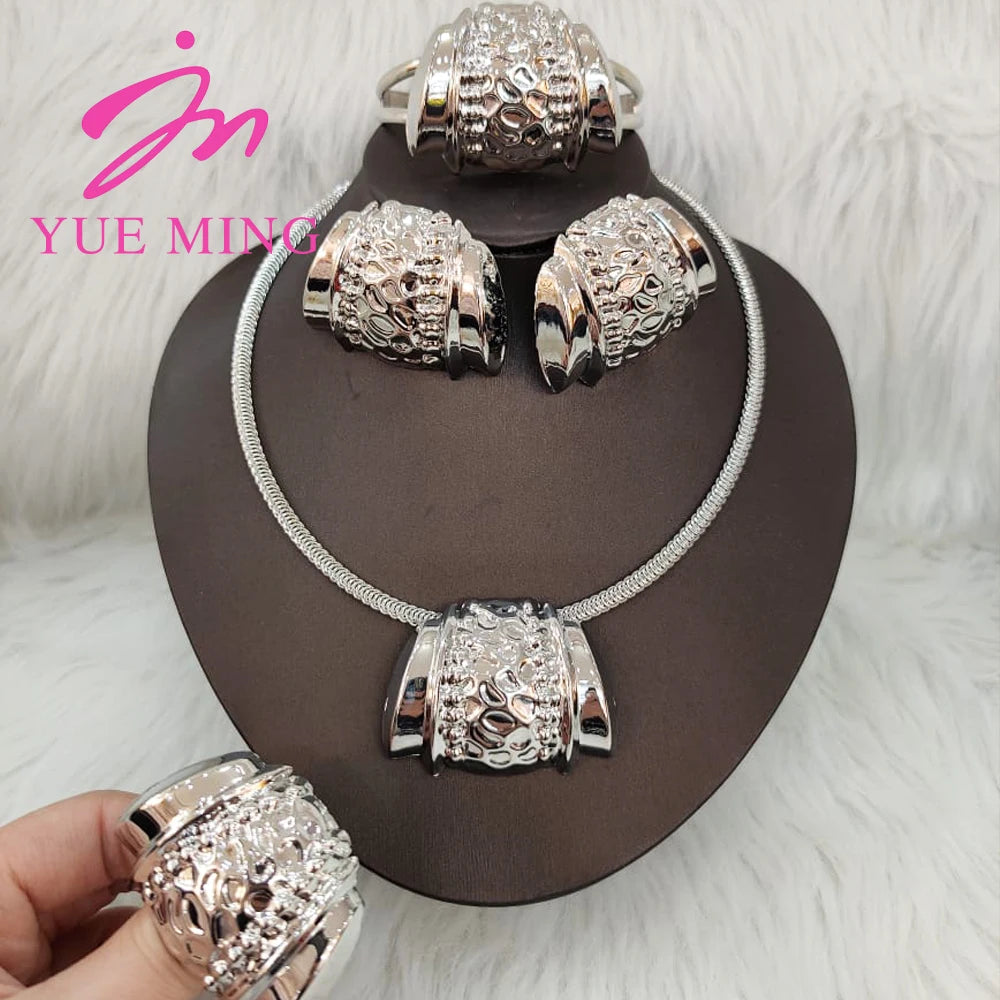 Gold Color Jewelry Sets For Women Earring Necklace Dubai Nigeria Copper Bracelet Rings Bridal Wedding Party Gifts Daily Wear