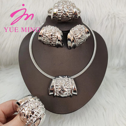 Gold Color Jewelry Sets For Women Earring Necklace Dubai Nigeria Copper Bracelet Rings Bridal Wedding Party Gifts Daily Wear