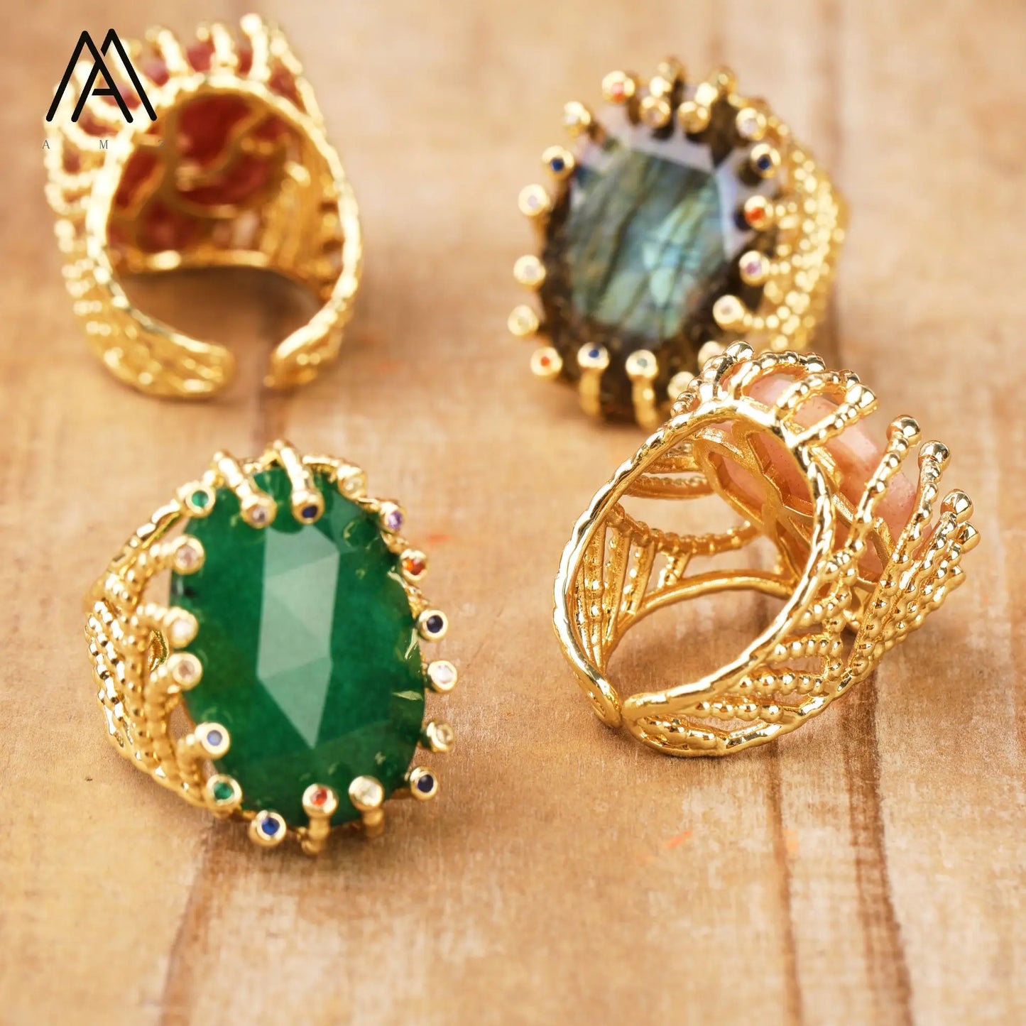 Luxury Vintage Gemstone Ring 18K Gold-Plated Women's Ring Natural Crystal Labradorite Rings Daily Wear Jewelry Gift Jewels