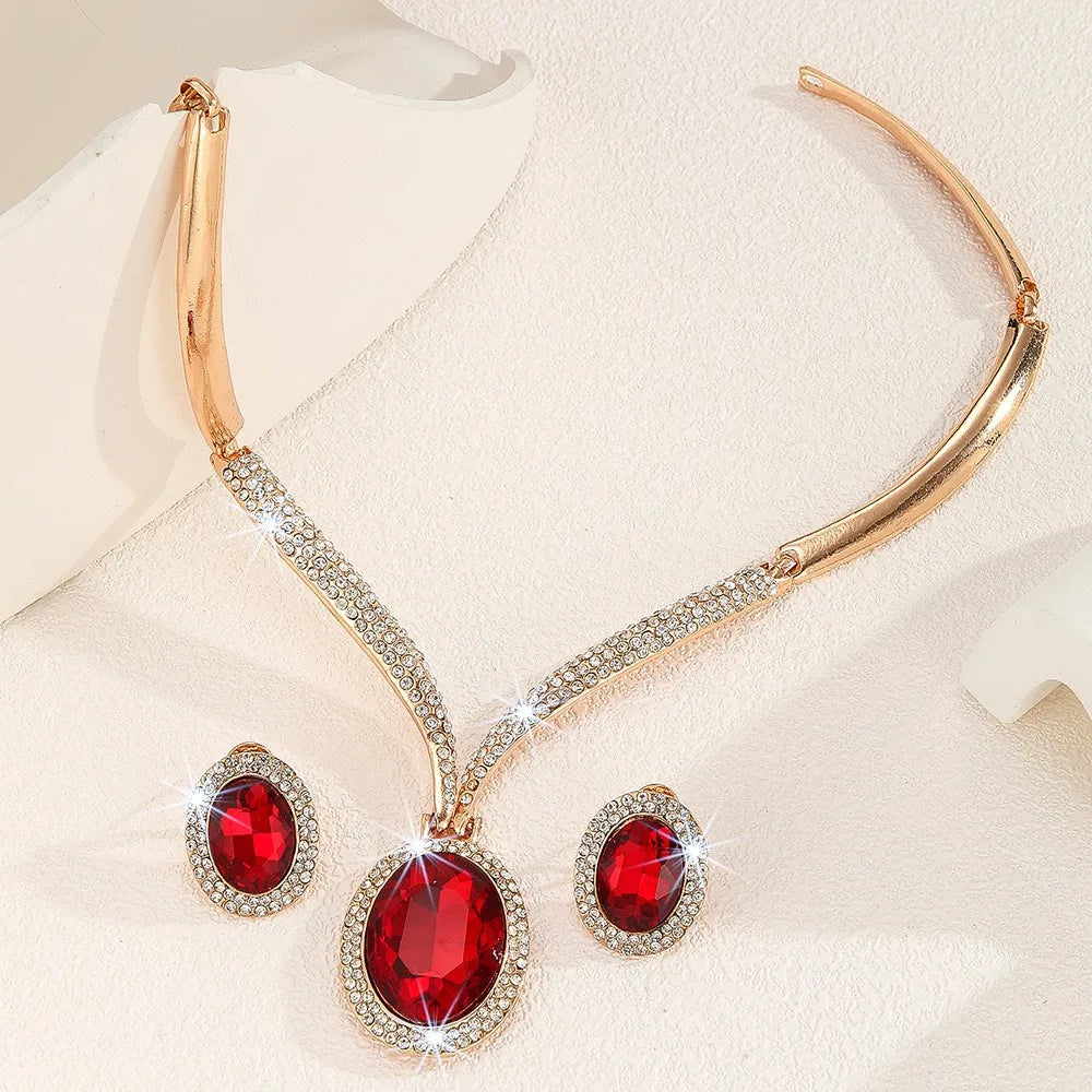 Women's Gold-Plated Red Crystal Jewelry Set - Necklace and Earrings Accessories for Wedding Party Formal Occasions Prom Cocktail Party