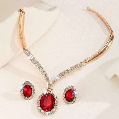 Women's Gold-Plated Red Crystal Jewelry Set - Necklace and Earrings Accessories for Wedding Party Formal Occasions Prom Cocktail Party