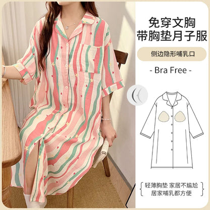Plus Size Bra Free Nightgown Summer Cloud Cotton Short-sleeved Maternity Home Dress Loose Postpartum Breastfeeding Loungewear