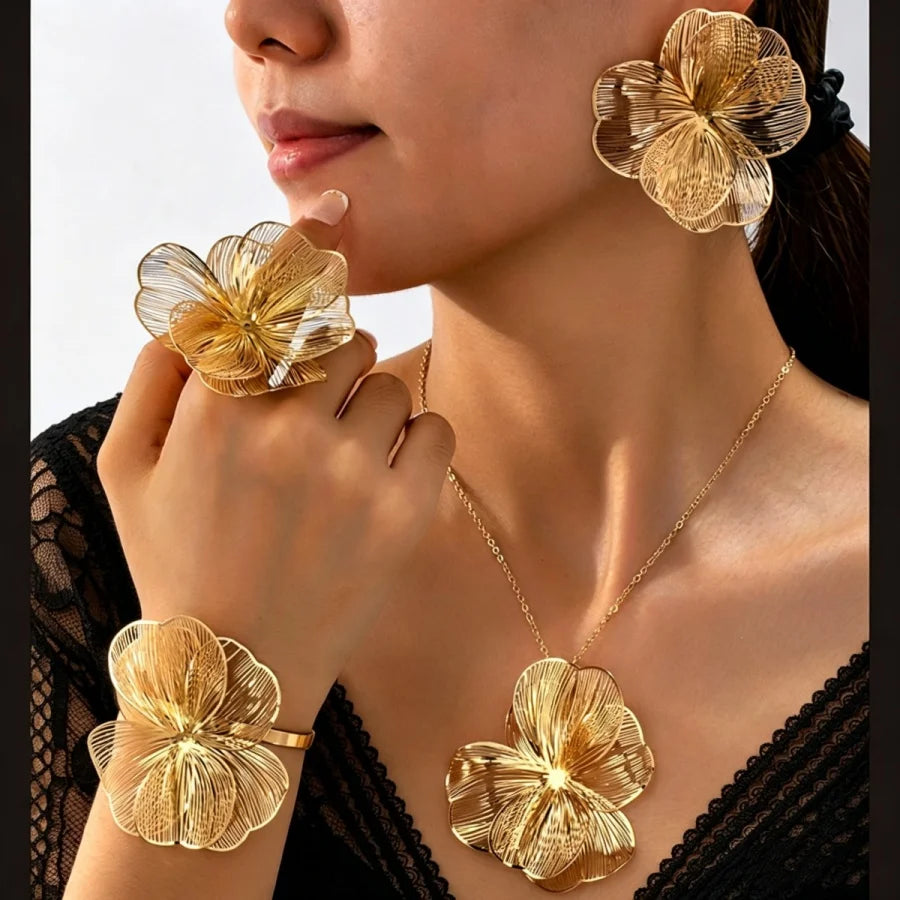Aesthetic Gold Color Big Flower Jewelry Set Filigree Floral Statement Jewelry Women Street Style & Date Night Wear All Season