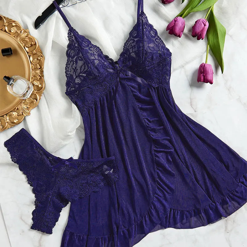 Women's Plus Size Bra Thong Nightgown Set Tulle Sexy Lingerie Exquisite Woman Lencerias Hot Underwear Pajamas G-string Suits