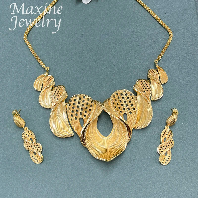 18K Gold Plated Jewelry Set for Women Fashion Necklace Earrings Eardrop Dubai Trendy Female Luxury Retro Wedding Party Gifts