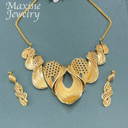 18K Gold Plated Jewelry Set for Women Fashion Necklace Earrings Eardrop Dubai Trendy Female Luxury Retro Wedding Party Gifts