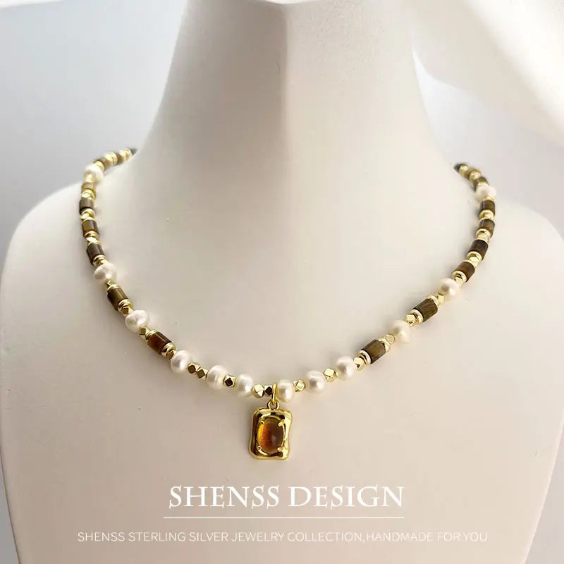 Natural Freshwater Pearl Tiger Eye Stone Necklace Orange Pendant 14k Copper Plated Gold Jewelry