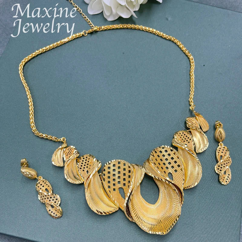 18K Gold Plated Jewelry Set for Women Fashion Necklace Earrings Eardrop Dubai Trendy Female Luxury Retro Wedding Party Gifts