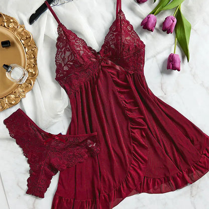 Women's Plus Size Bra Thong Nightgown Set Tulle Sexy Lingerie Exquisite Woman Lencerias Hot Underwear Pajamas G-string Suits