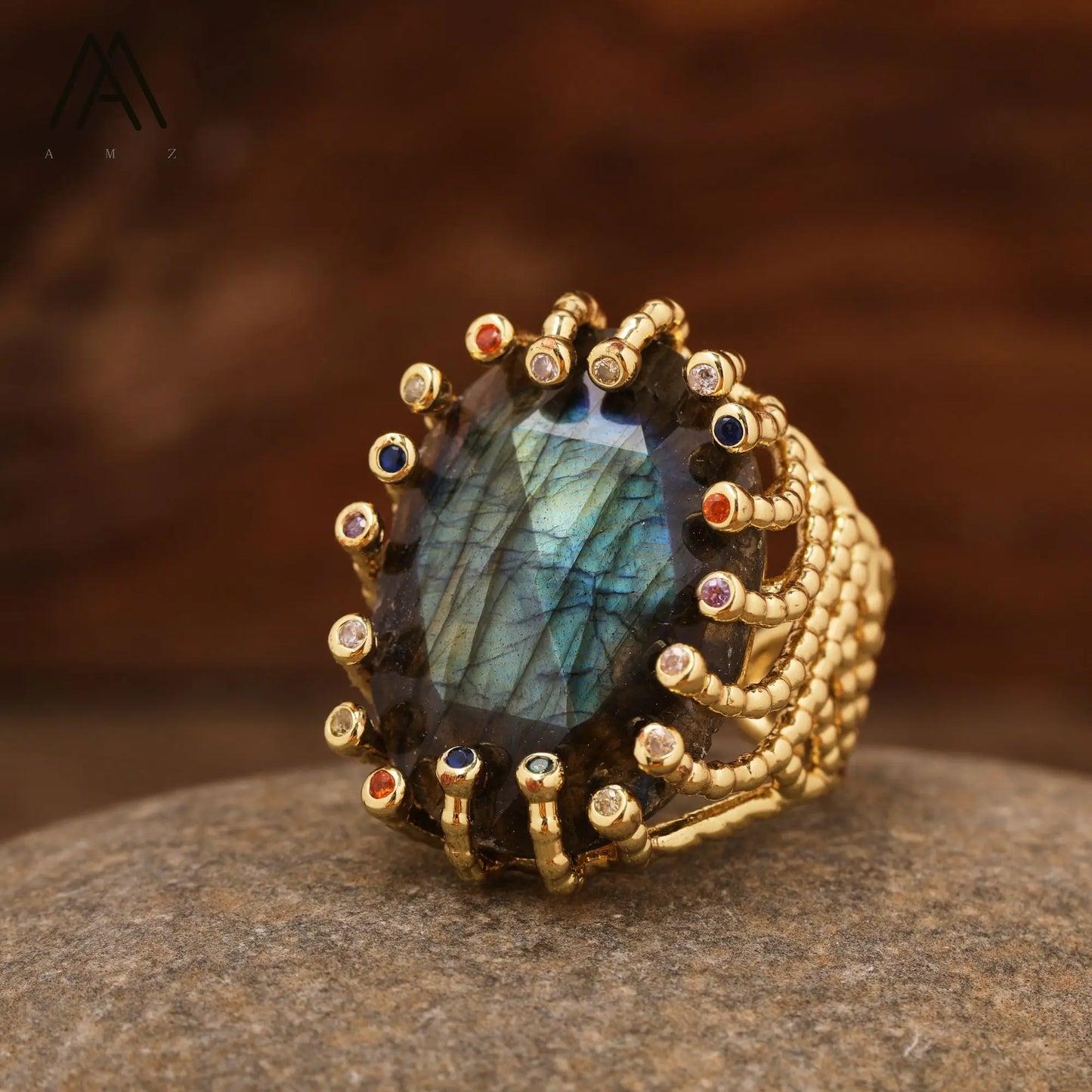 Luxury Vintage Gemstone Ring 18K Gold-Plated Women's Ring Natural Crystal Labradorite Rings Daily Wear Jewelry Gift Jewels
