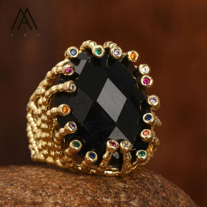 Luxury Vintage Gemstone Ring 18K Gold-Plated Women's Ring Natural Crystal Labradorite Rings Daily Wear Jewelry Gift Jewels