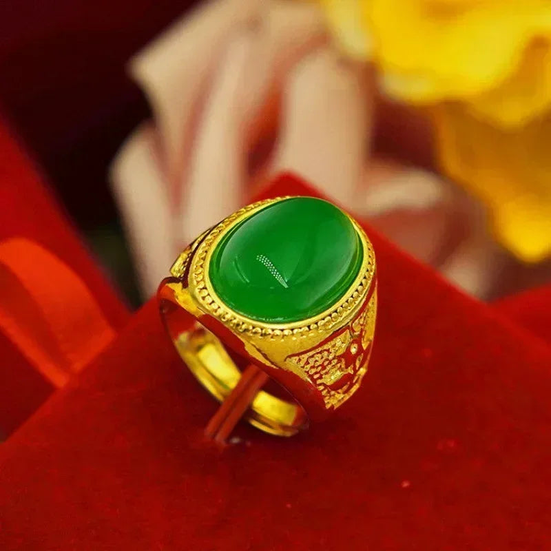 Pure gold ring same style mens AU999 real   24K agate Pixiu God of Wealth adjustable  inlaid jade jewelry