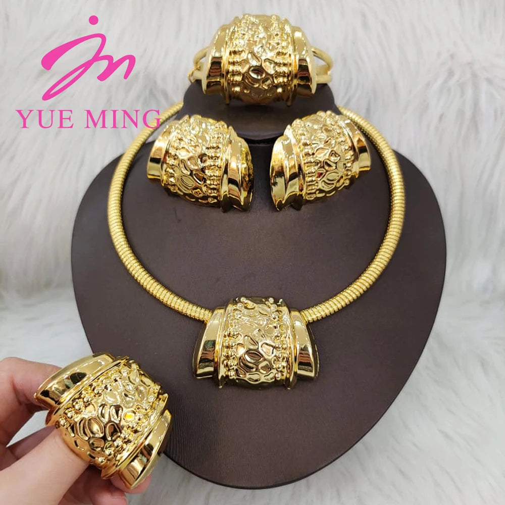 Gold Color Jewelry Sets For Women Earring Necklace Dubai Nigeria Copper Bracelet Rings Bridal Wedding Party Gifts Daily Wear