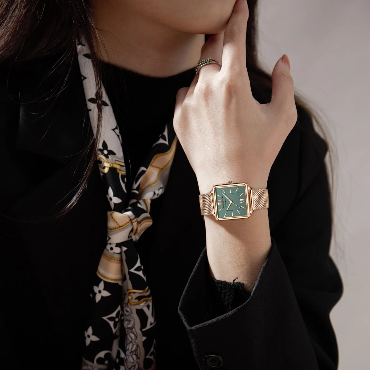Japan Quartz Movement Green Dial Roman Square Watches Case Stanless Steel Fashion Wristwatch Ladies Rose Gold Watches For Women